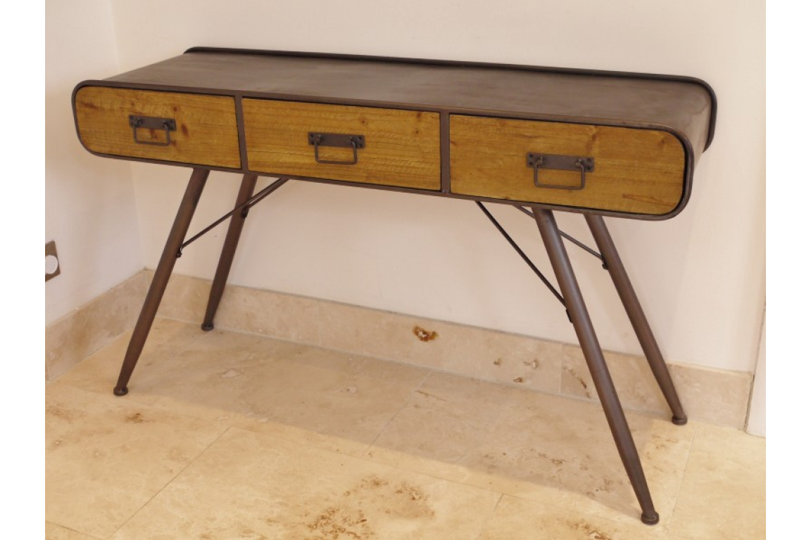 Industrial Style Metal Desk With Three Rustic Wooden Drawers 74 X 125 –  Glebe Decorative Home