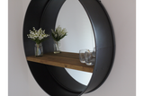 Large Round Metal Frame Glass Wall Mirror With Wooden Shelf 80 cm Diameter