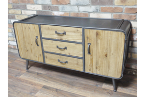 Retro Mid Century Style Wide Metal and Wood Sideboard Cabinet Cupboard
