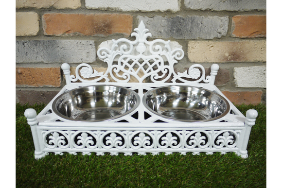 White Cast Iron Dog Dish Holder With 2 Stainless Steel Bowls Sturdy 4.5 Kg