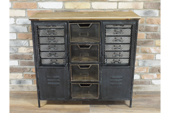 Industrial Style Distressed Black Metal and Wood Cabinet 88 x 93 x 34 cm