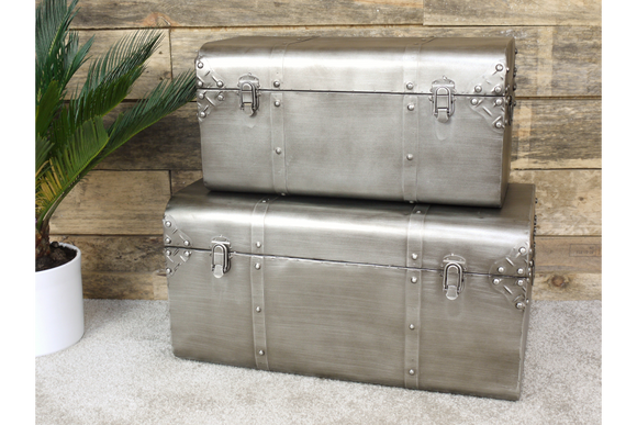 Set of Two Silver Metal Travel Trunk Style Storage Chests