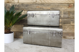 Set of Two Silver Metal Travel Trunk Style Storage Chests