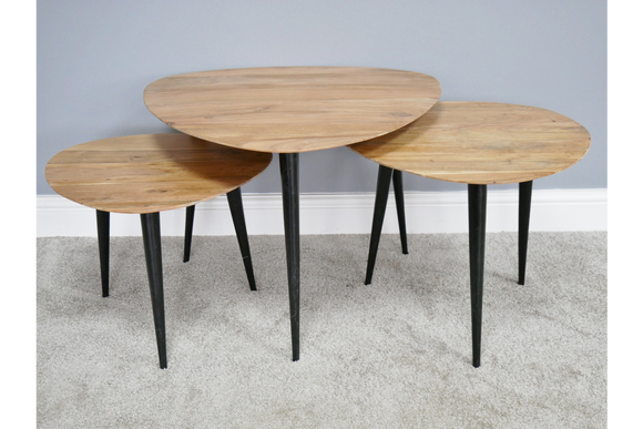 Set of Three Retro Scandi Style Wood Top Metal Tripod Coffee Side Nest Tables