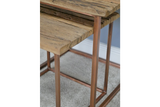 Set of 2 Side Tables Sleeper Wood Tops & Antiqued Copper Finish Legs