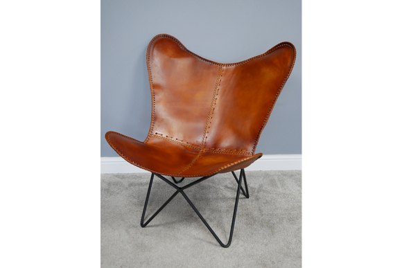 Cognac Brown Leather Retro Vintage Style Butterfly Armchair 92 x 82 x 75 cm