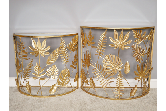 Set of two Nesting Semi Circle Side Tables Tropical Gold Leaf Metal Mirror Tops