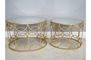Set of Two Round Side Coffee Tables Gold Metal Mirror Tops