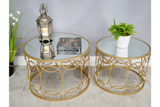 Set of Two Round Side Coffee Tables Gold Metal Mirror Tops