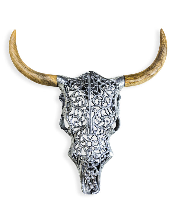 Aluminium & Wood Bison Skull Wall Hanging 51 cm High X 54 cm Wide X 9 cm Deep