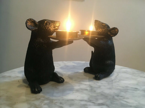 Large Pair of Black Mouse Mice Tea Light Holders 15 cm High