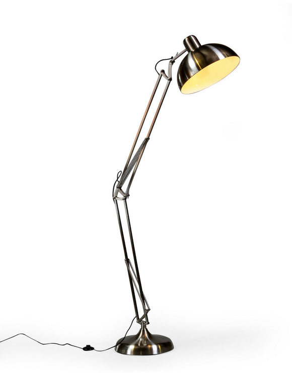Large Stylish Brushed Steel Coloured Metal Desk Style Floor Lamp With Black Fabric Flex 190cm High