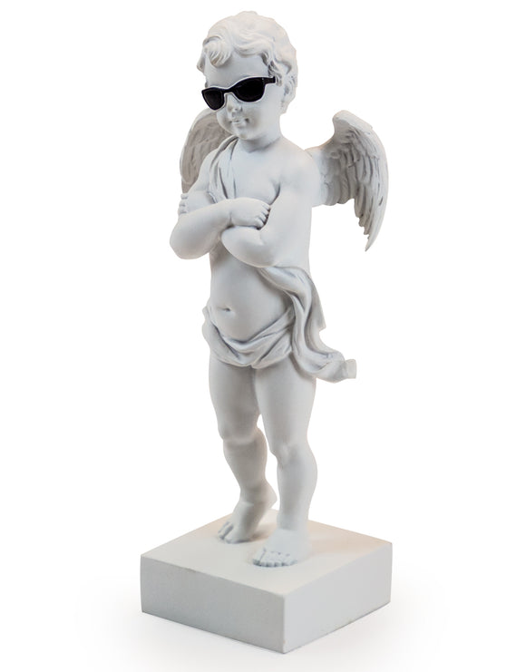 White Cool Dude Cupid Cherub on Integral Stand with Black Sunglasses 29 cm High
