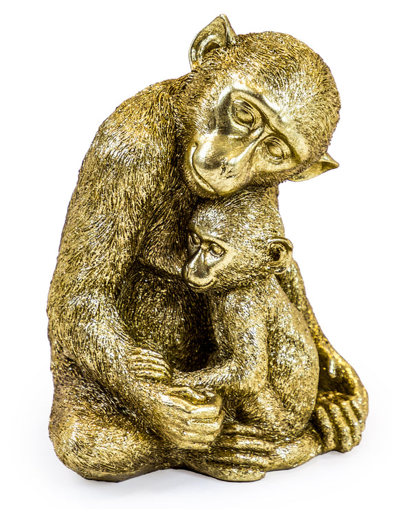 Antiqued Gold Monkey Mother & Baby Figure Statue 22.6 cm High