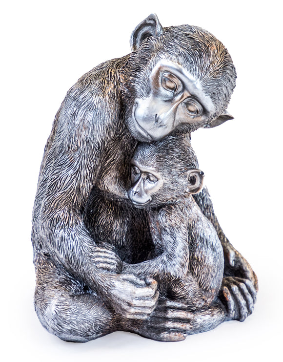 Antiqued Silver Monkey Mother & Baby Figure Statue 22.6 cm High