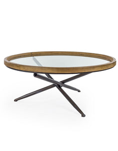Industrial Style Glass Top Tripod Coffee Table Rustic Wood Rim 39 cm x 100 cm