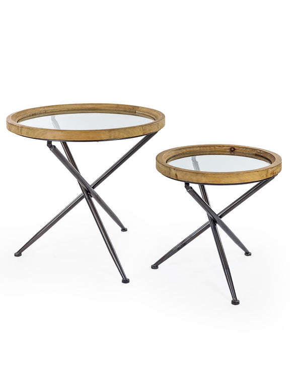 Pair of Industrial Style Glass Top Tripod Coffee / Side Tables With Rustic Wood Rims