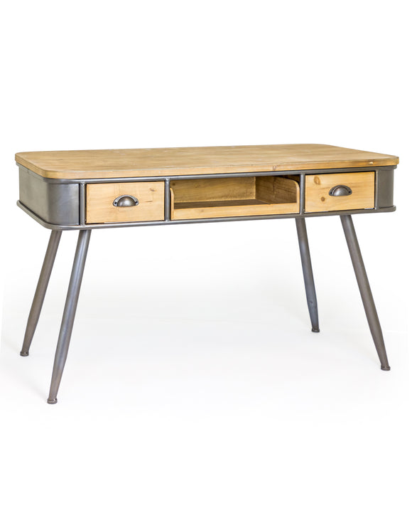 Industrial Style Metal Desk With Rustic Wooden Top and Drawers 76 x 121 x 57 cm