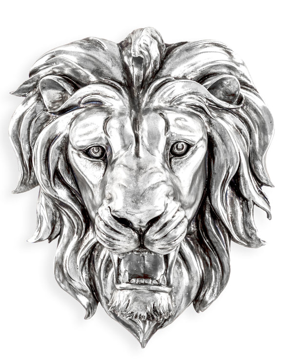 Large Silver Roaring Lion Head Wall Hanging - 48.5 cm High X 42.5 cm Wide X 24 cm Deep