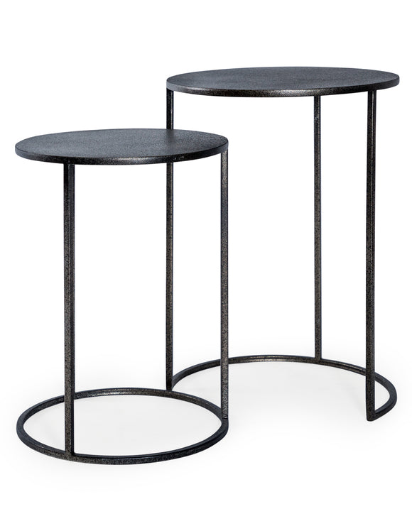 Set of Two Antiqued Pewter Grey Finish Metal Side Nest Tables