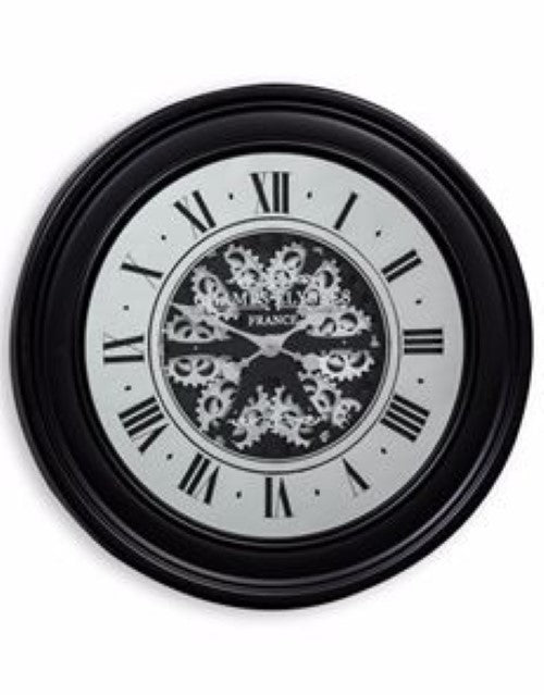 Large Black Moving Gears Clock Mirror Face Silver Cogs 80 cm Diameter Steampunk