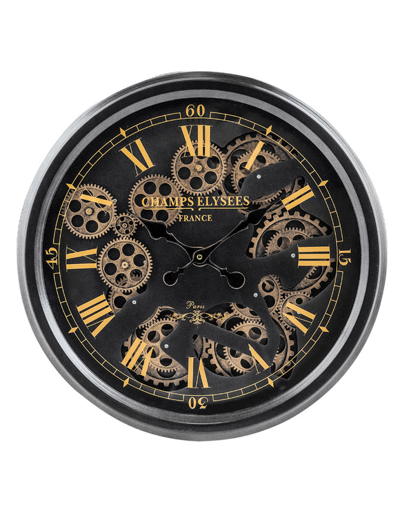 Black & Gold Moving Gears Cogs Clock 52.5 cm Diameter Steampunk Style