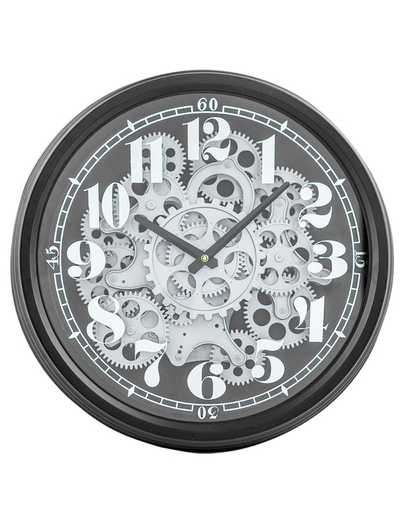 Black & Silver Moving Gears Cogs Clock 39 cm Diameter Steampunk Style