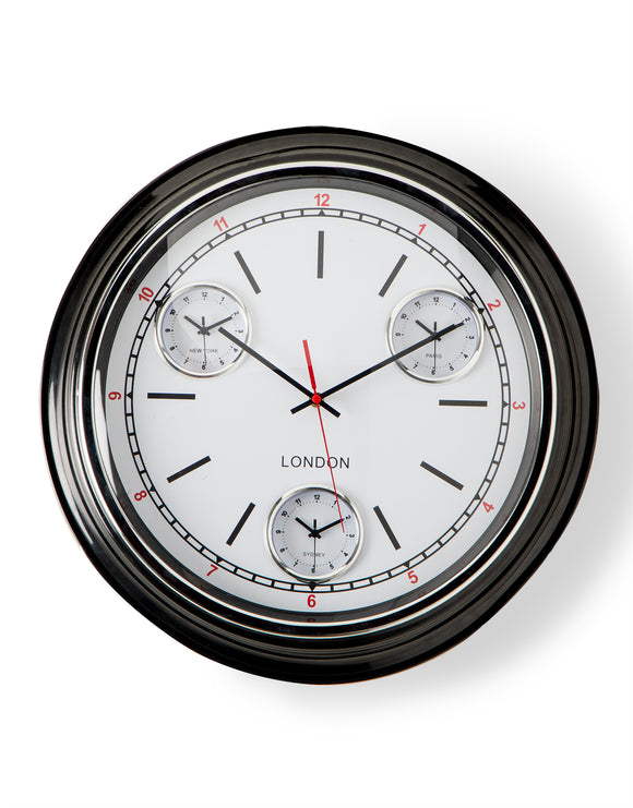 Large Multi Dial Time Zone Wall Clock - Black with White Face and Convex Glass 50 cm Diameter NEW