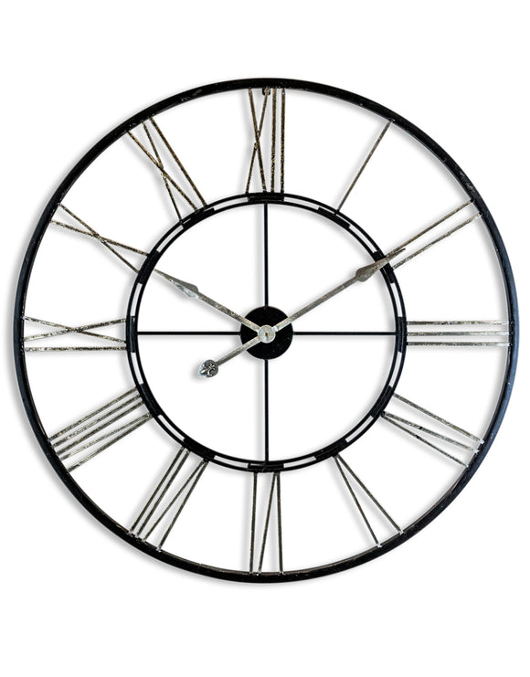 Very Large Black and Antiqued Silver Metal Skeleton Clock - 102 cm Diameter - NEW