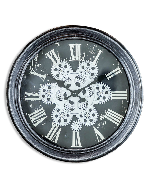 Antiqued Black and Silver Moving Gears Clock 34 cm x 9 cm Steampunk Style