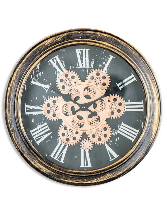 Antiqued Black Gold / Bronze Moving Gears Clock 34 cm x 9 cm Steampunk Style