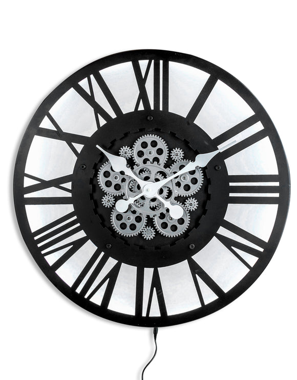 Industrial Style Black Metal Back Lit Moving Gears Cogs Wall Clock 60 cm Diameter