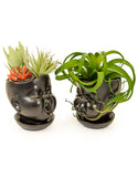 Set of 2 Black Ceramic Baby Face Plant Pots / Vases