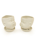 Set of 2 White Ceramic Baby Face Plant Pots / Vases