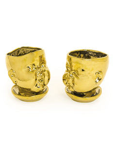 Set of 2 Gold Ceramic Baby Face Plant Pots / Vases