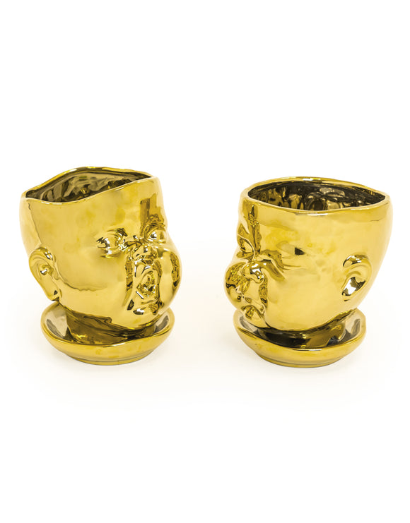 Set of 2 Gold Ceramic Baby Face Plant Pots / Vases