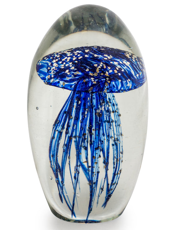 Hand Blown Blue and Gold Leaf Jellyfish Glass Paperweight with Gift Box 13.5 cm High New