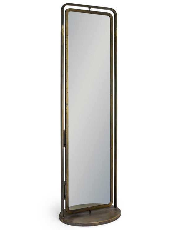 Large Antiqued Grey Bronze Metal Freestanding Revolving Dressing Storage Mirror
