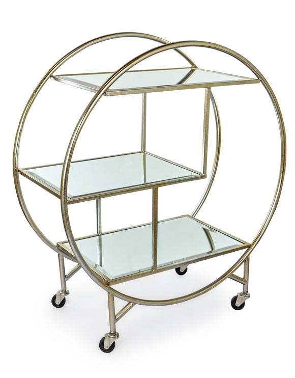 Champagne Silver Leaf Round Metal Drinks Trolley With Three Mirror Shelves - Due August