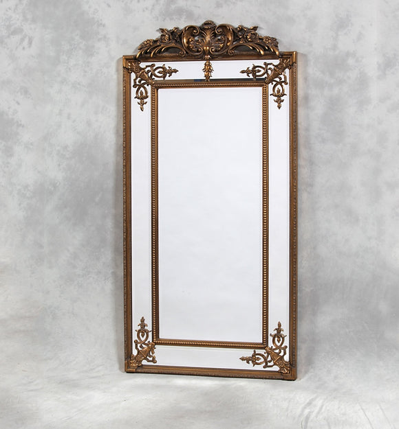 Tall Antique Gold Corner Detail French Style Mirror With Crest 183 x 91 cm
