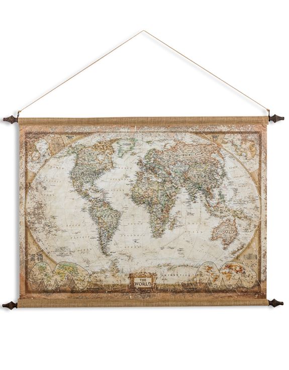Large Antiqued Canvas Wall Hanging - World Map 88 cm High x 128 cm Wide - Due January 2021