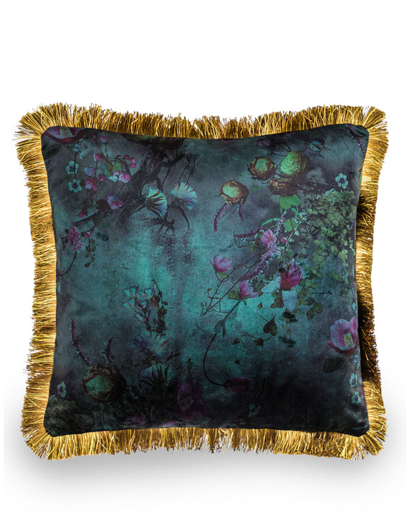 Boho Floral Velvet Cushion With Gold Fringe Detail 45 cm Square