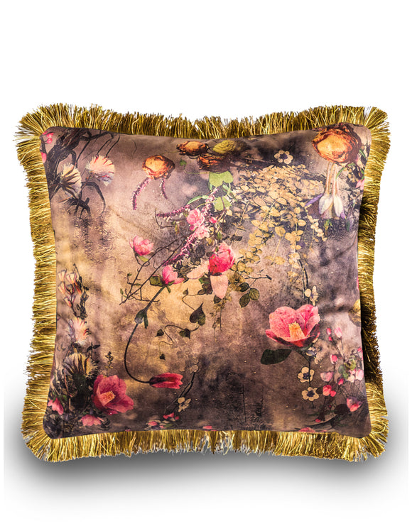 Boho Floral Velvet Cushion With Gold Fringe Detail 45 cm Square