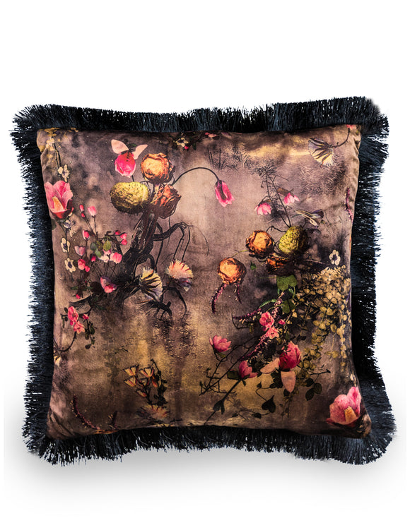 Boho Floral Velvet Cushion Black Fringe Detail 45 cm Square
