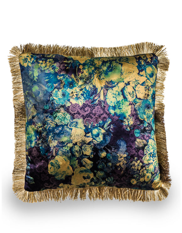 Boho Floral Velvet Cushion With Champagne Fringe Detail 45 cm Square