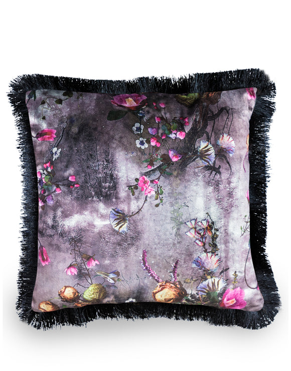 Boho Floral Velvet Cushion With Black Fringe Detail 45 cm Square