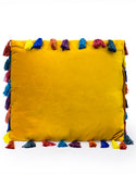 Mustard Yellow Large Square Velvet Cushion With Multi-coloured Tassels 50 cm Sq