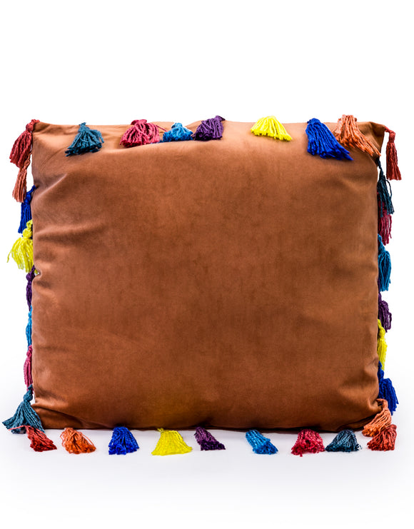 Terracotta Large Square Velvet Cushion With Multi-coloured Tassels 50 cm Sq