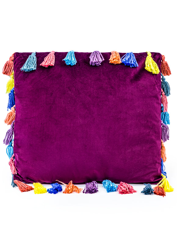 Aubergine Purple Large Square Velvet Cushion With Multi-coloured Tassels 50 cm Sq