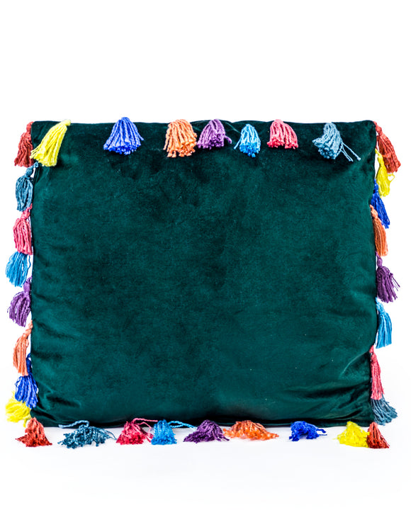 Fern Green Large Square Velvet Cushion With Multi-coloured Tassels 50 cm Sq